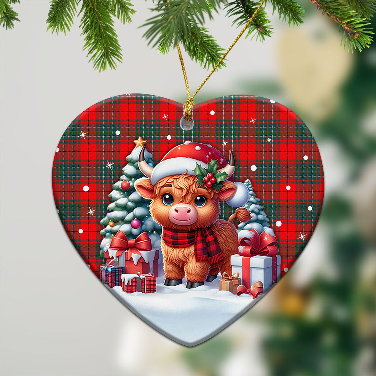 Cumming Modern Tartan Christmas Ceramic Ornament - Highland Cow Winter Style