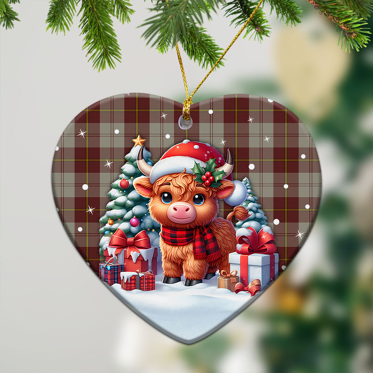 Cunningham Burgundy Dancers Tartan Christmas Ceramic Ornament - Highland Cow Winter Style