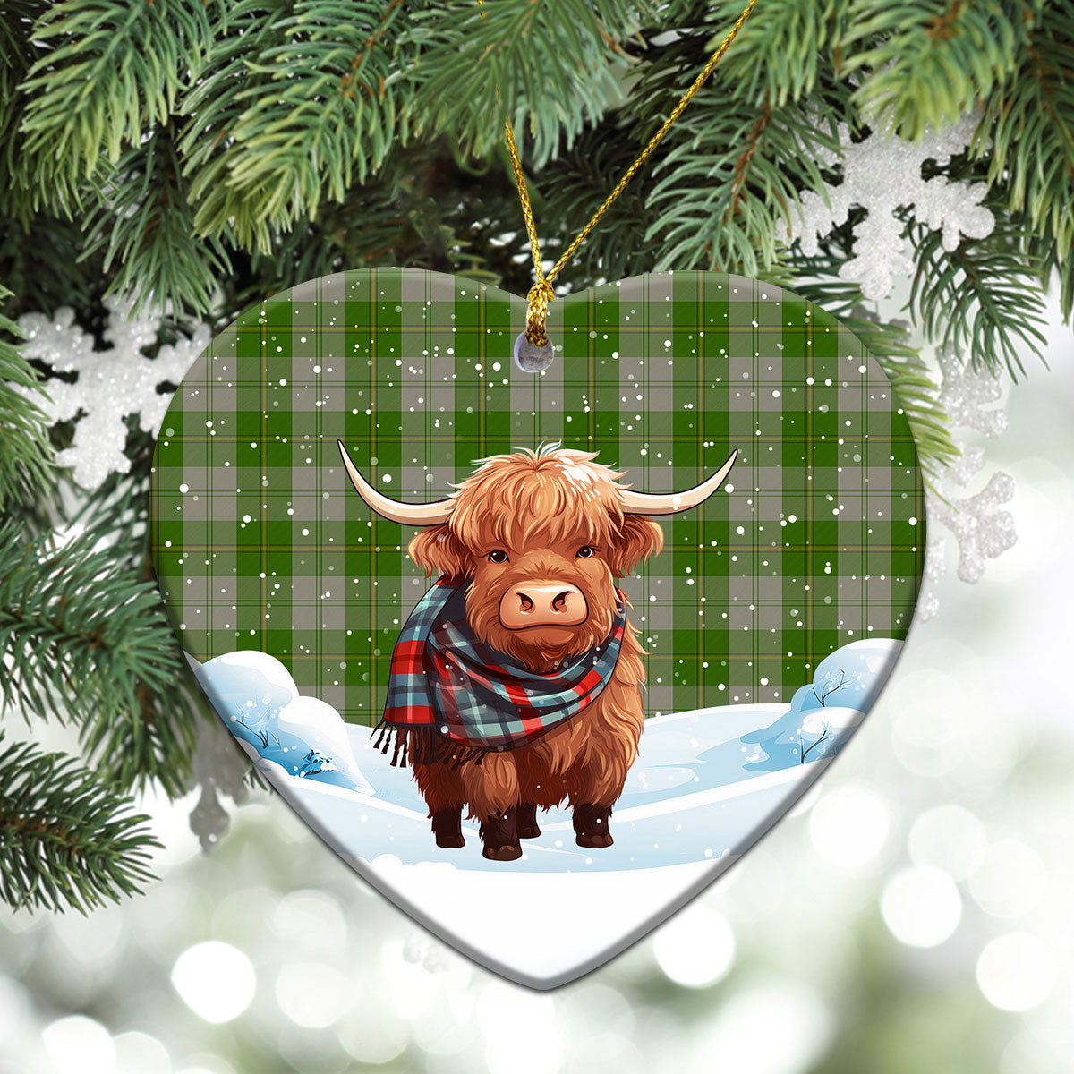 Cunningham Dress Green Dancers Tartan Christmas Ceramic Ornament - Highland Cows Snow Style