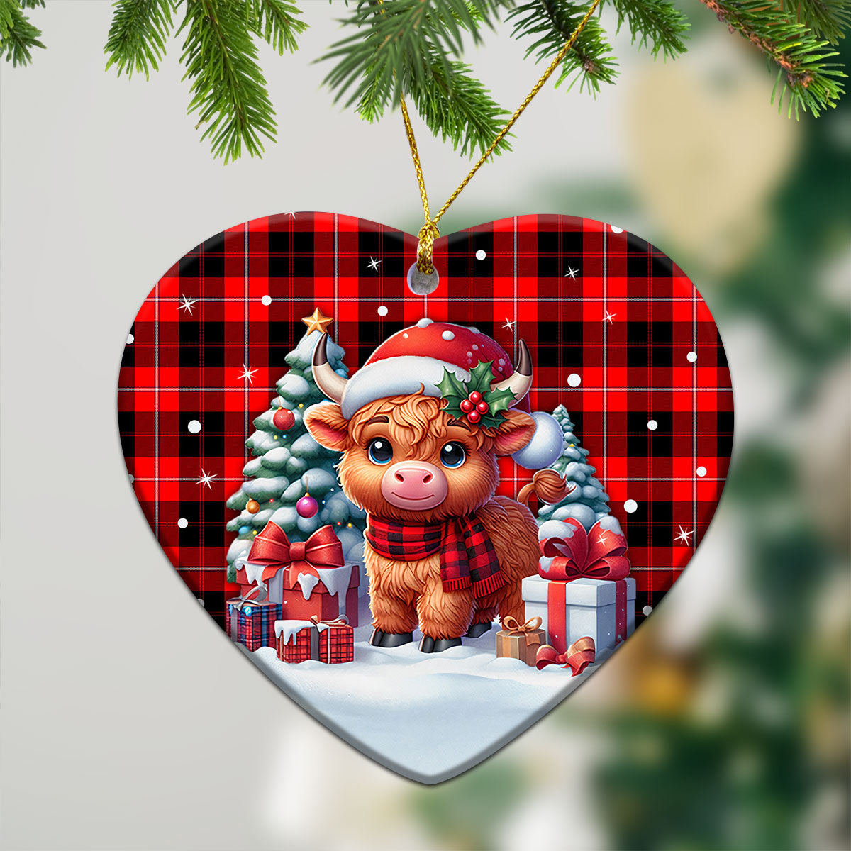 Cunningham Modern Tartan Christmas Ceramic Ornament - Highland Cow Winter Style