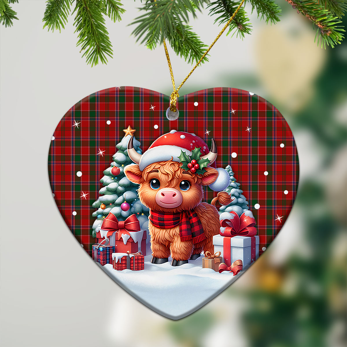 Dalzell Tartan Christmas Ceramic Ornament - Highland Cow Winter Style