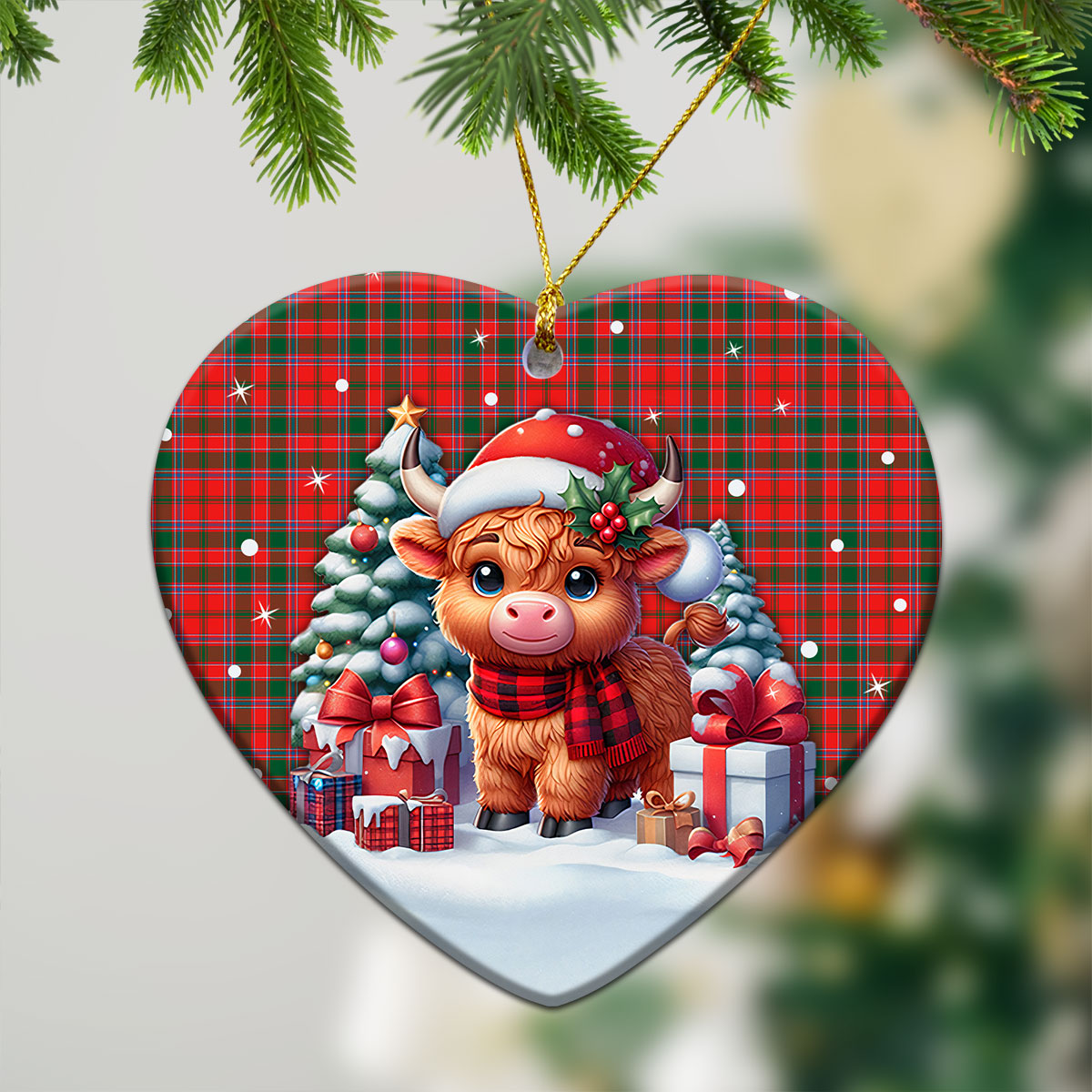 Dalziel Modern Tartan Christmas Ceramic Ornament - Highland Cow Winter Style