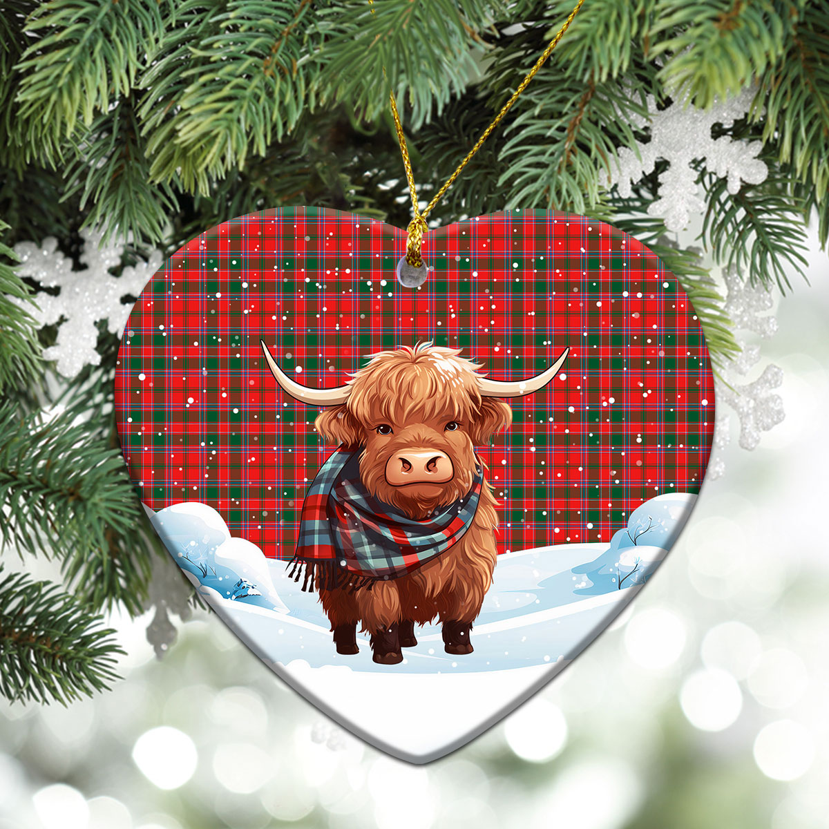 Dalziel Modern Tartan Christmas Ceramic Ornament - Highland Cows Snow Style