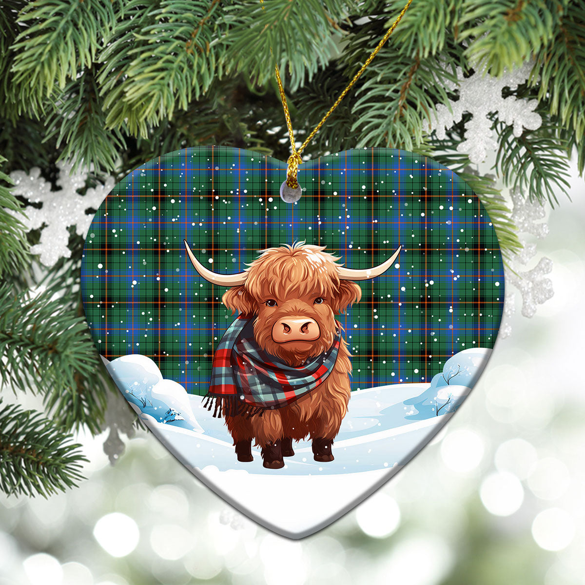 Davidson Ancient Tartan Christmas Ceramic Ornament - Highland Cows Snow Style