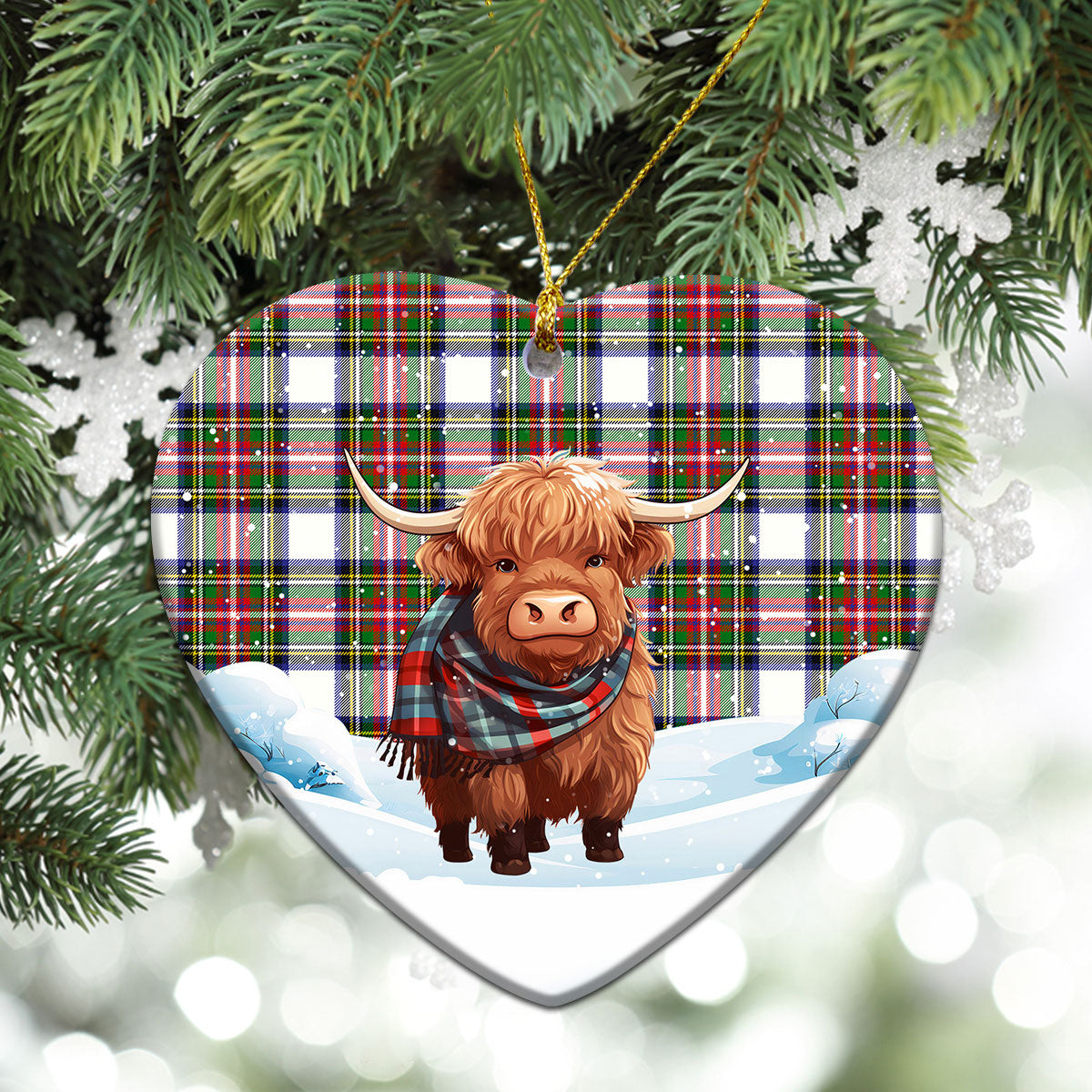 Dennistoun Tartan Christmas Ceramic Ornament - Highland Cows Snow Style