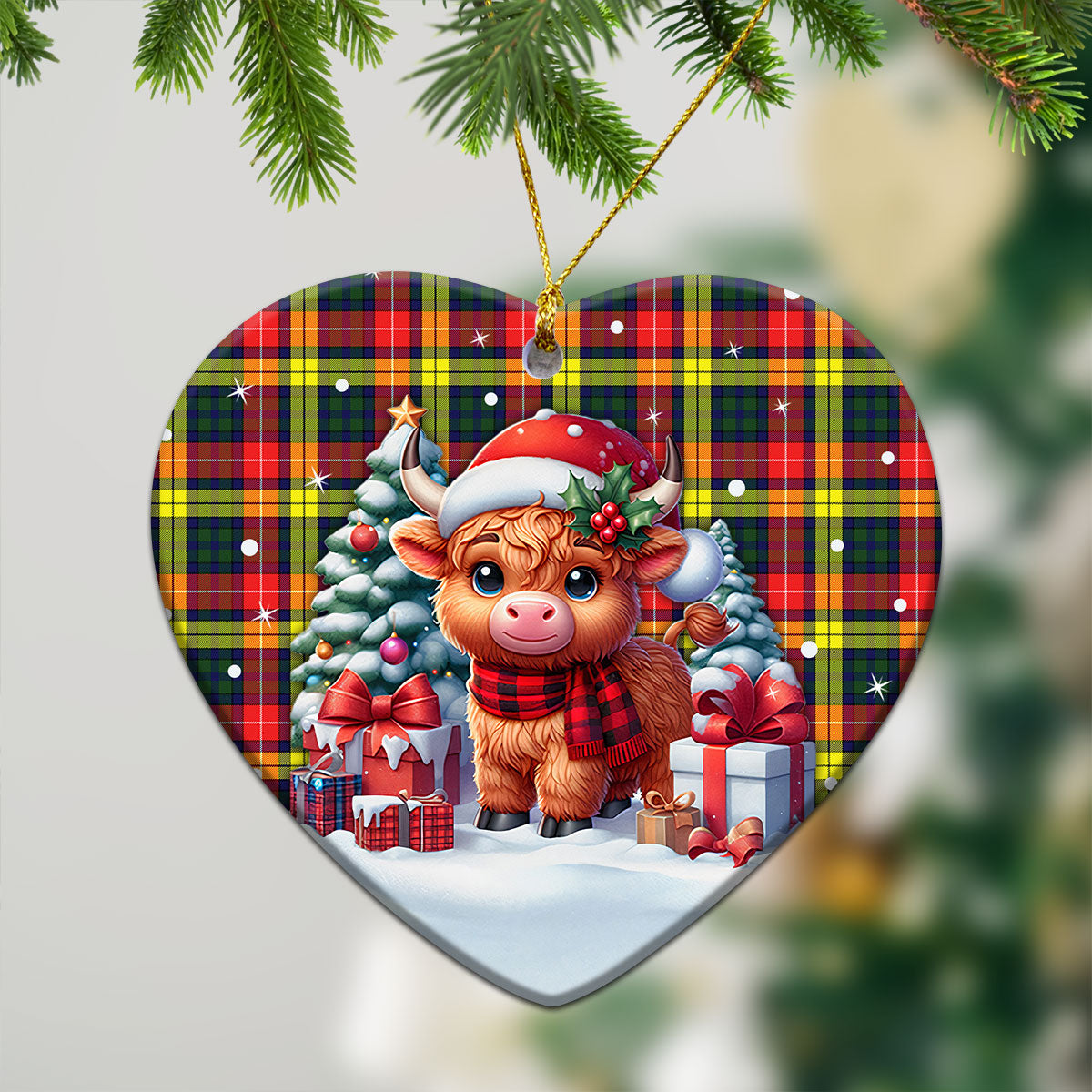 Dewar Tartan Christmas Ceramic Ornament - Highland Cow Winter Style