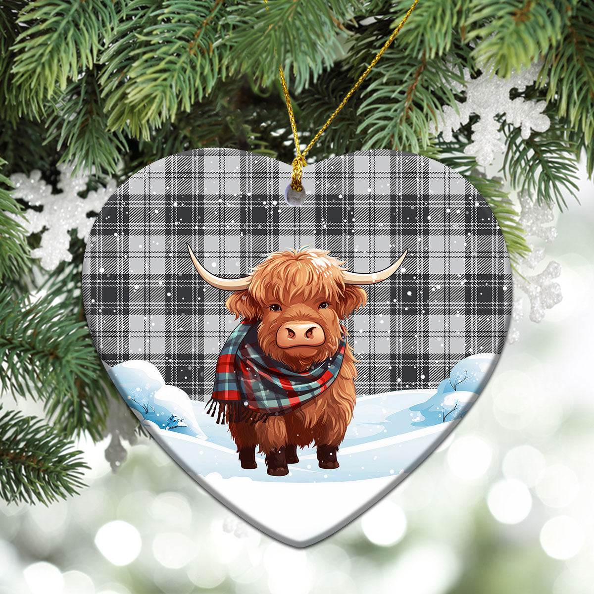 Douglas Grey Modern Tartan Christmas Ceramic Ornament - Highland Cows Snow Style