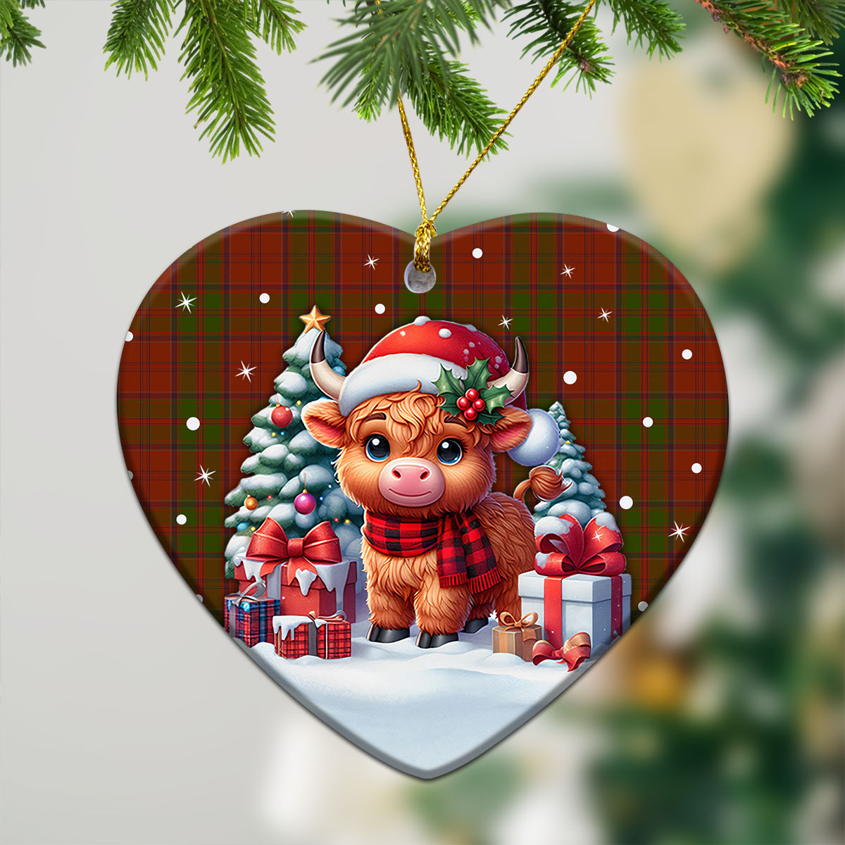 Drummond Clan Tartan Christmas Ceramic Ornament - Highland Cow Winter Style