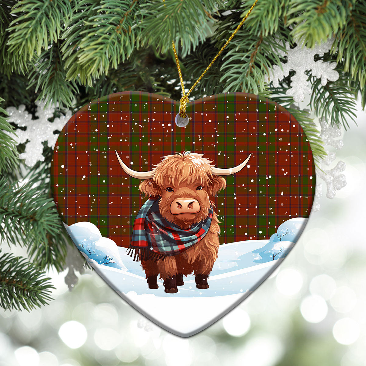 Drummond Clan Tartan Christmas Ceramic Ornament - Highland Cows Snow Style