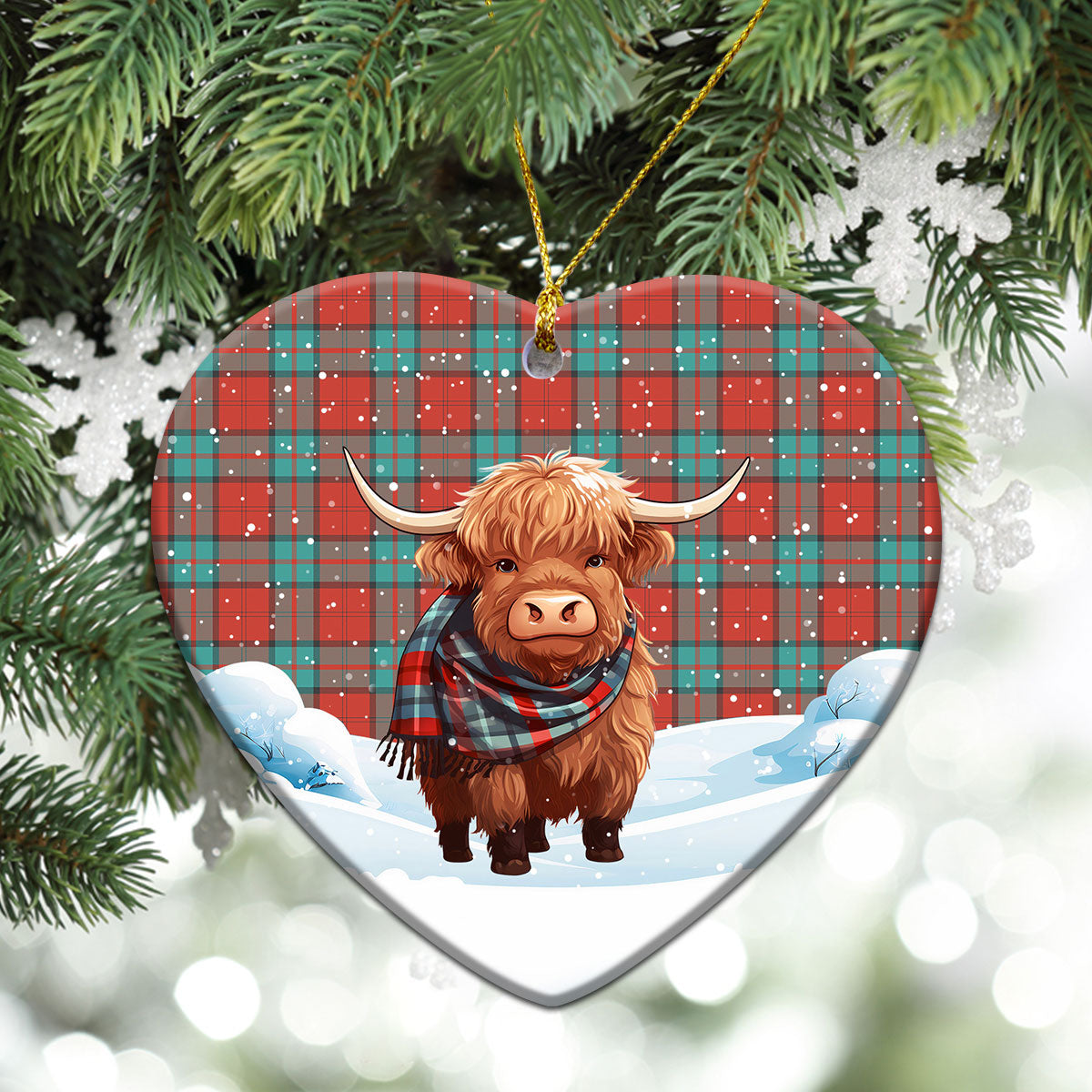 Dunbar Ancient Tartan Christmas Ceramic Ornament - Highland Cows Snow Style