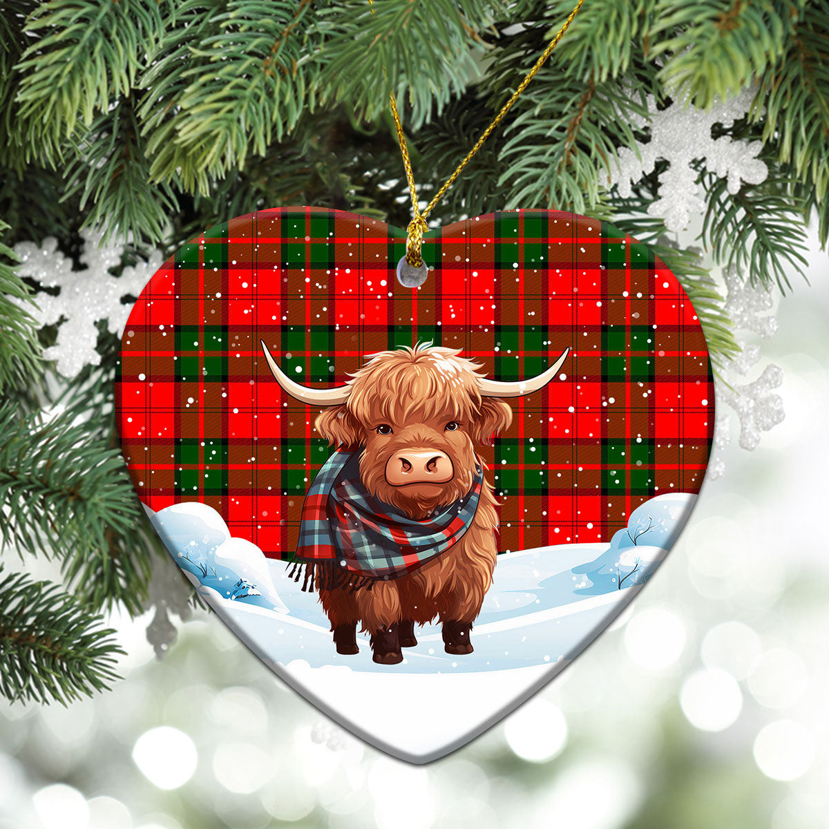 Dunbar Modern Tartan Christmas Ceramic Ornament - Highland Cows Snow Style