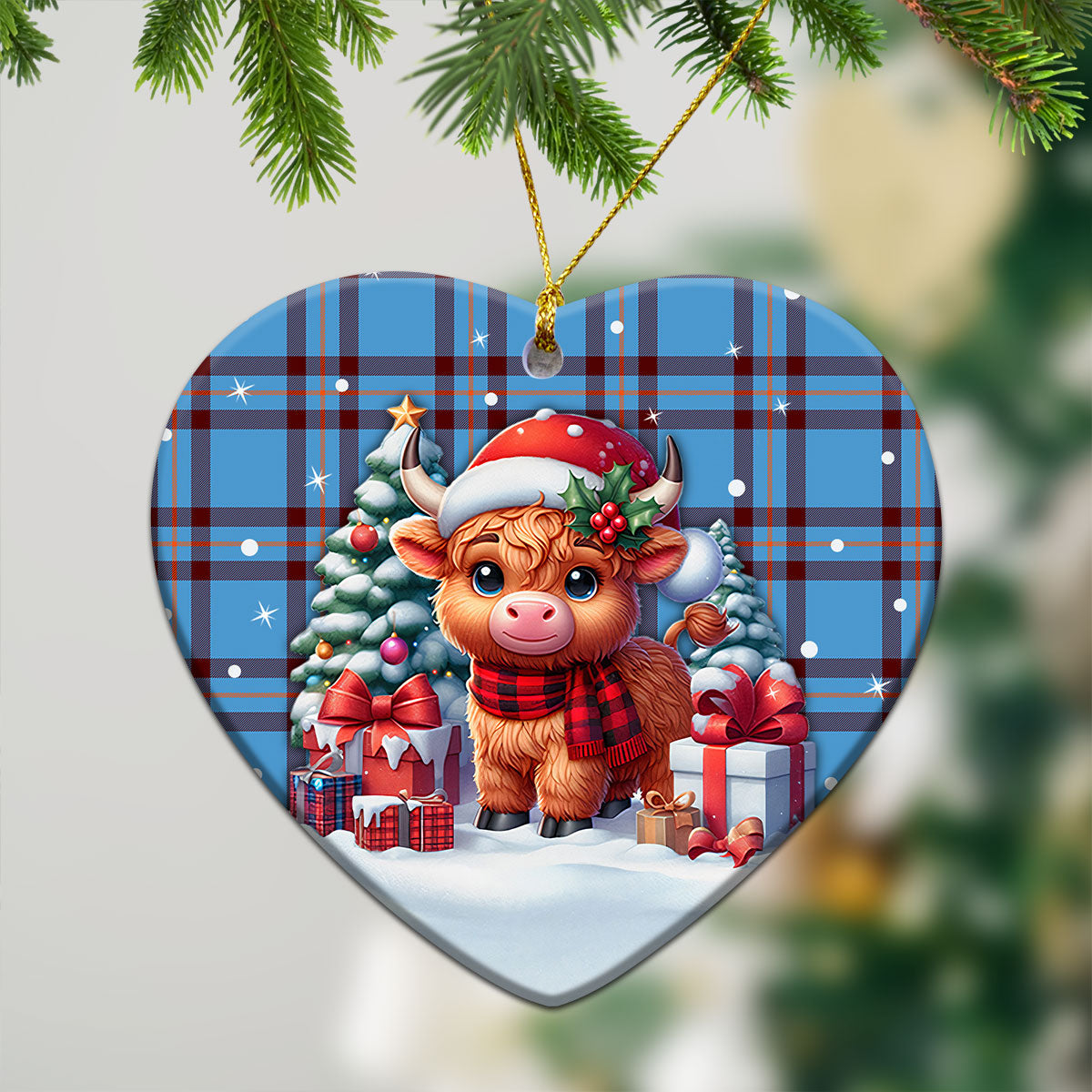 Elliot Ancient Tartan Christmas Ceramic Ornament - Highland Cow Winter Style