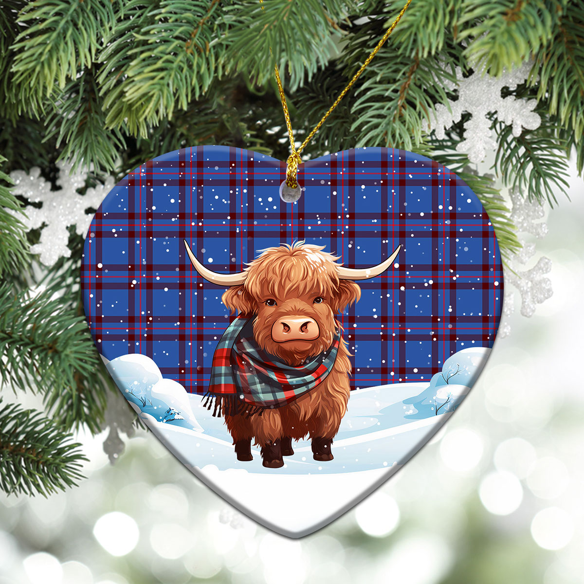 Elliot Modern Tartan Christmas Ceramic Ornament - Highland Cows Snow Style