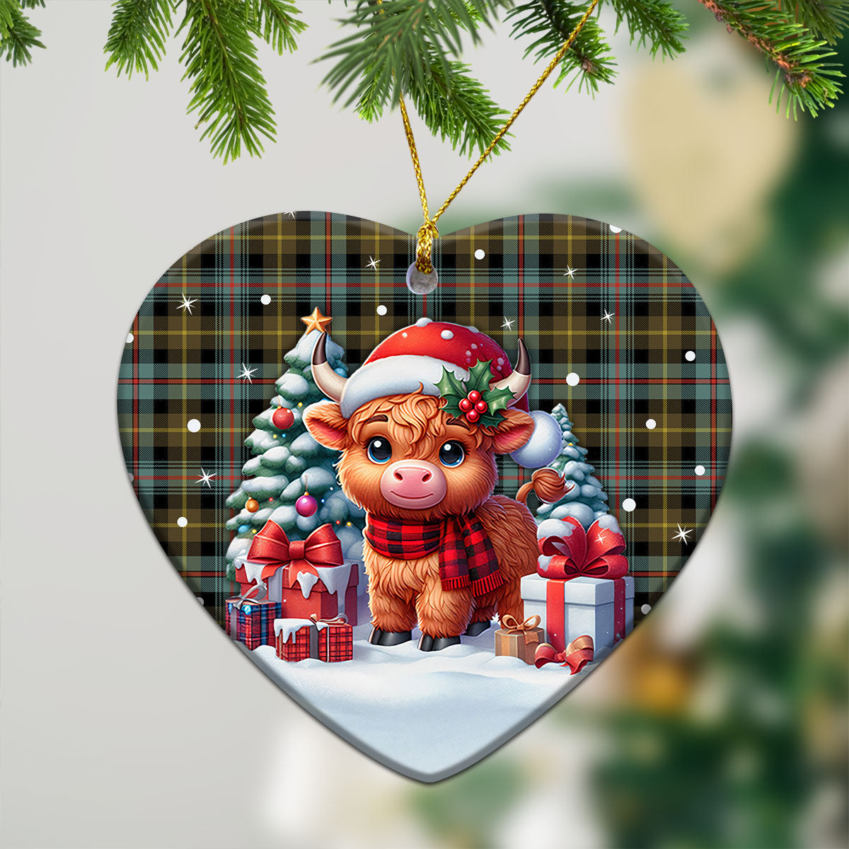 Farquharson Weathered Tartan Christmas Ceramic Ornament - Highland Cow Winter Style