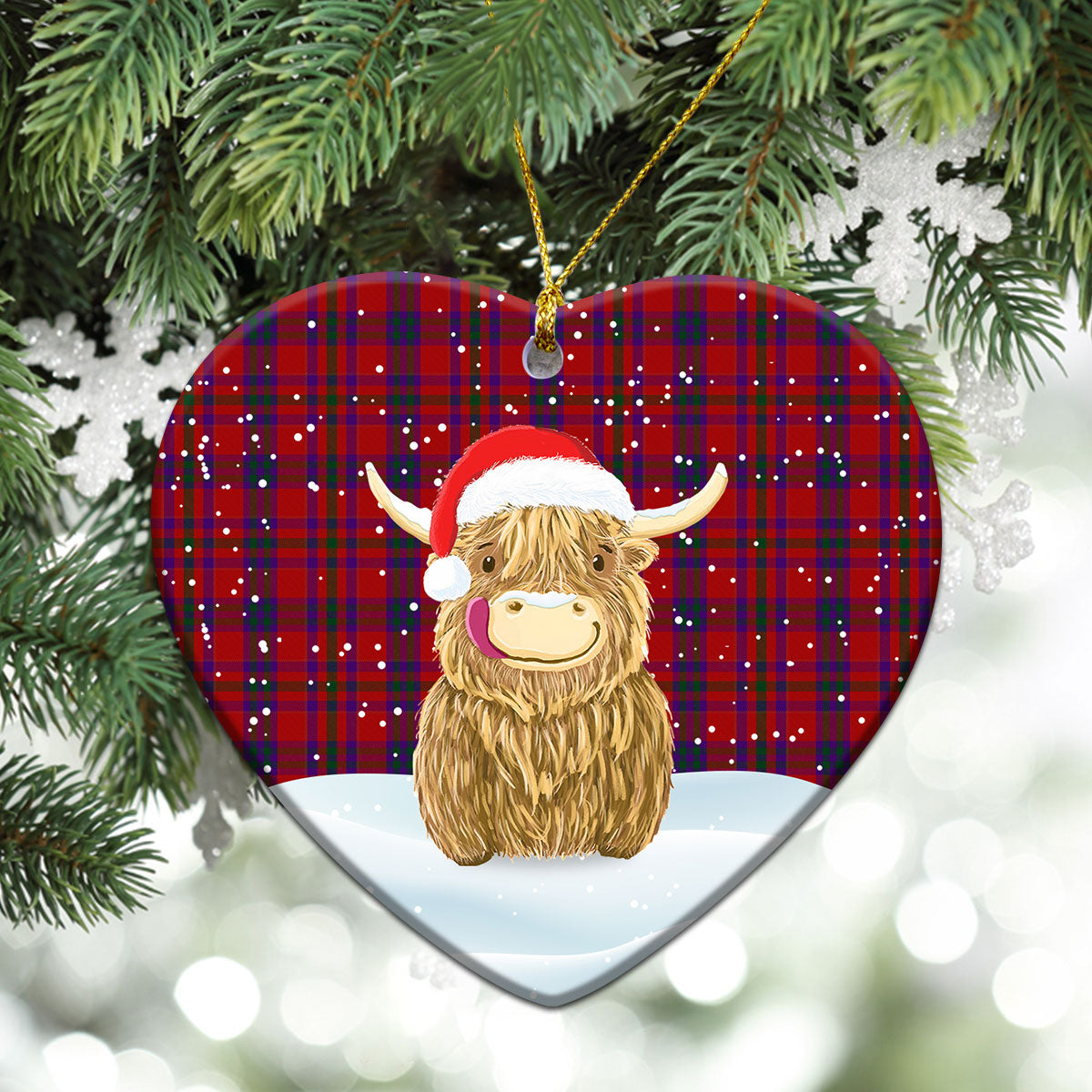 Fiddes Tartan Christmas Ceramic Ornament - Highland Cows Style