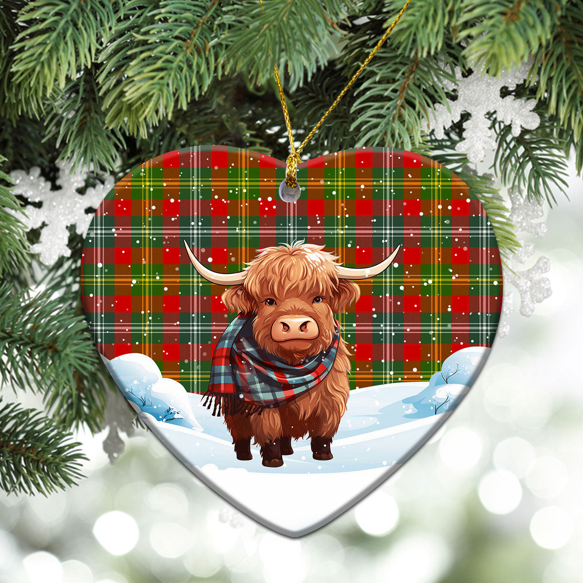 Forrester Tartan Christmas Ceramic Ornament - Highland Cows Snow Style