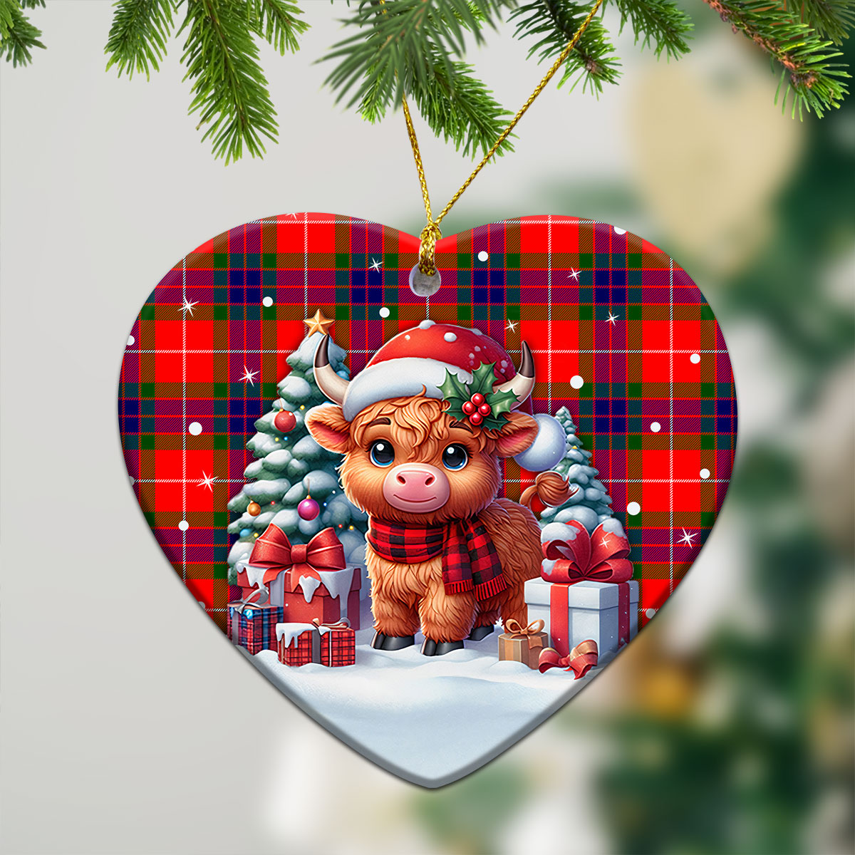 Fraser Tartan Christmas Ceramic Ornament - Highland Cow Winter Style