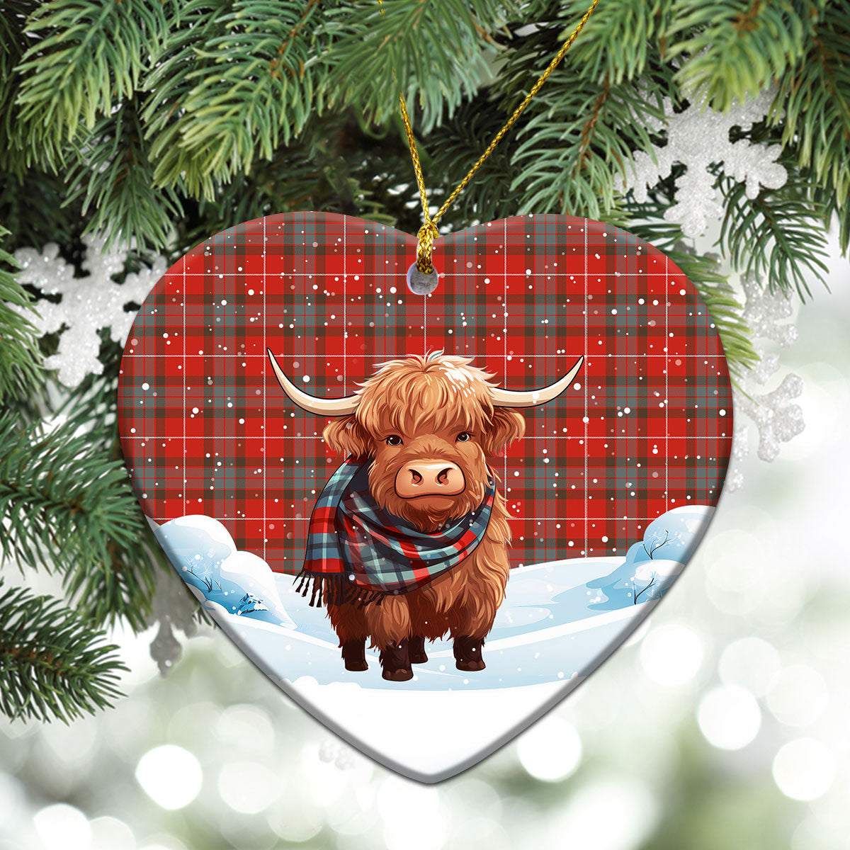 Fraser (of Lovat) Weathered Tartan Christmas Ceramic Ornament - Highland Cows Snow Style