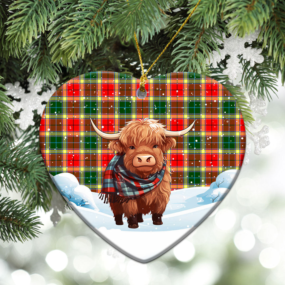 Gibson Tartan Christmas Ceramic Ornament - Highland Cows Snow Style