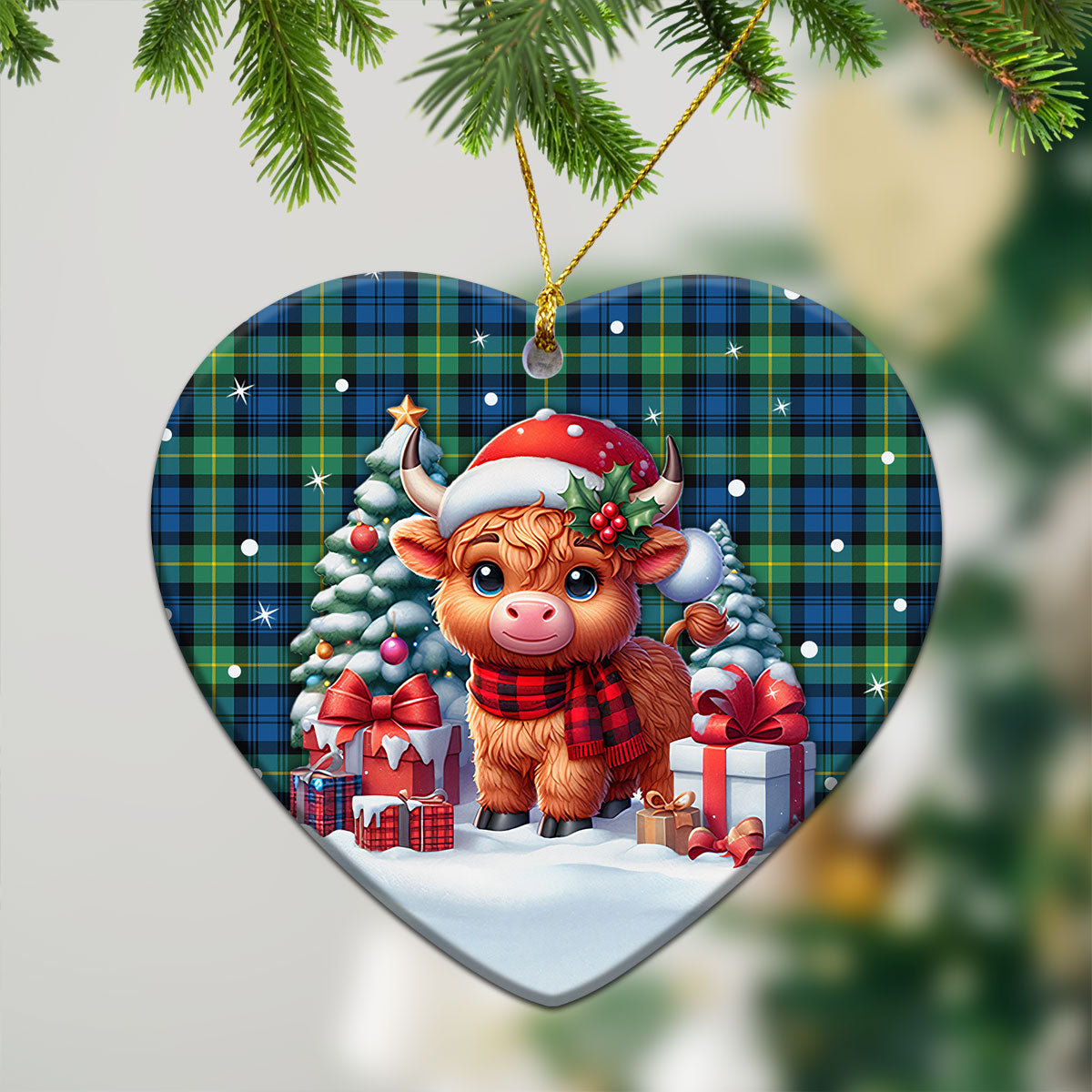 Gordon Ancient Tartan Christmas Ceramic Ornament - Highland Cow Winter Style