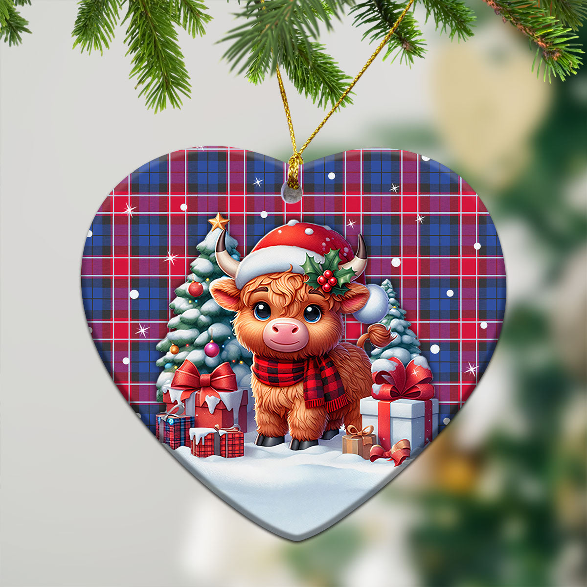 Graham of Menteith Red Tartan Christmas Ceramic Ornament - Highland Cow Winter Style