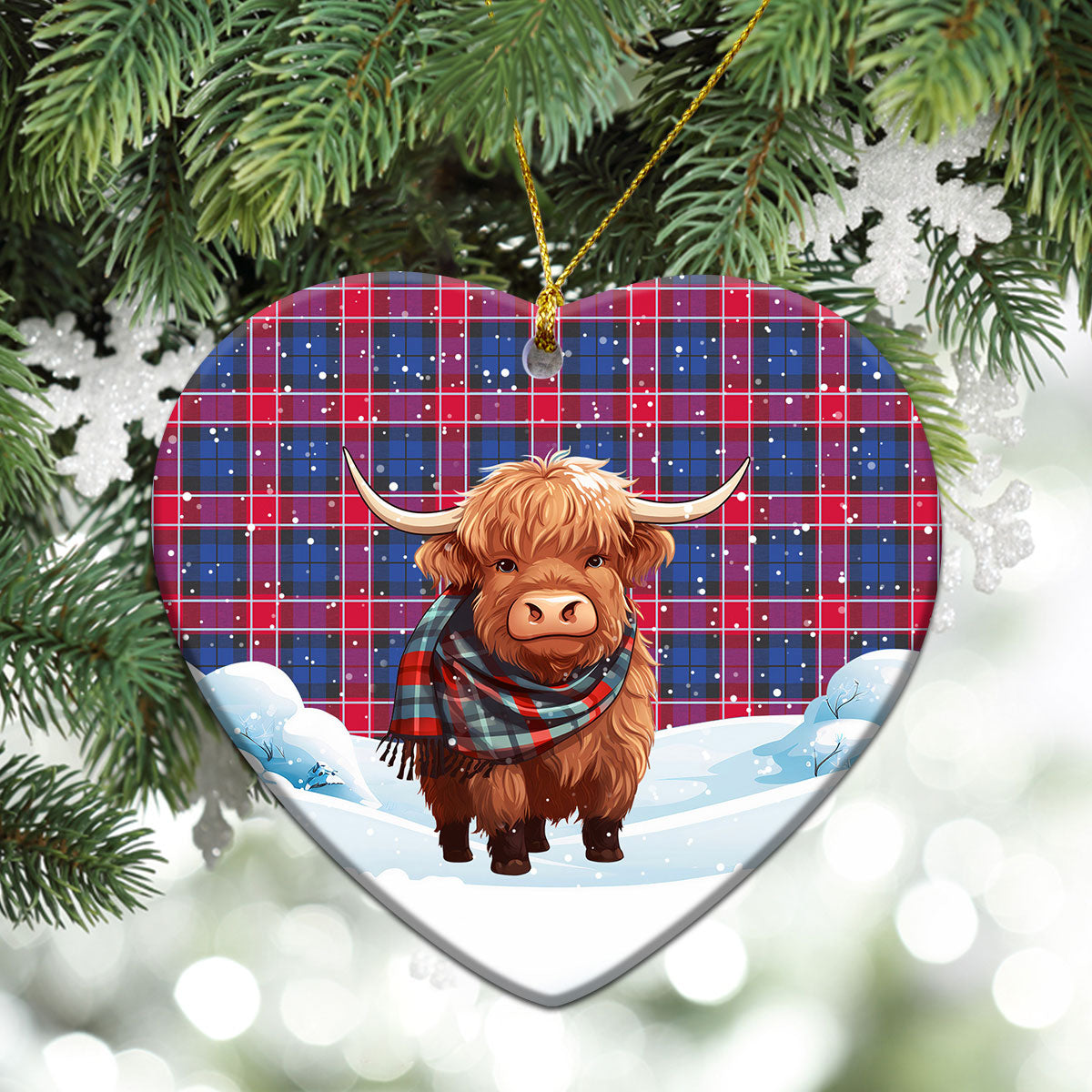 Graham of Menteith Red Tartan Christmas Ceramic Ornament - Highland Cows Snow Style
