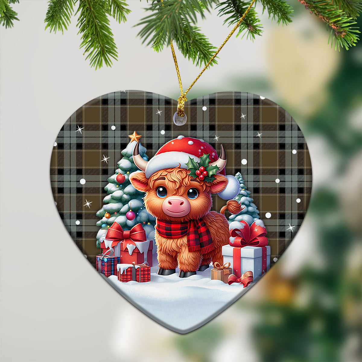 Graham of Menteith Weathered Tartan Christmas Ceramic Ornament - Highland Cow Winter Style