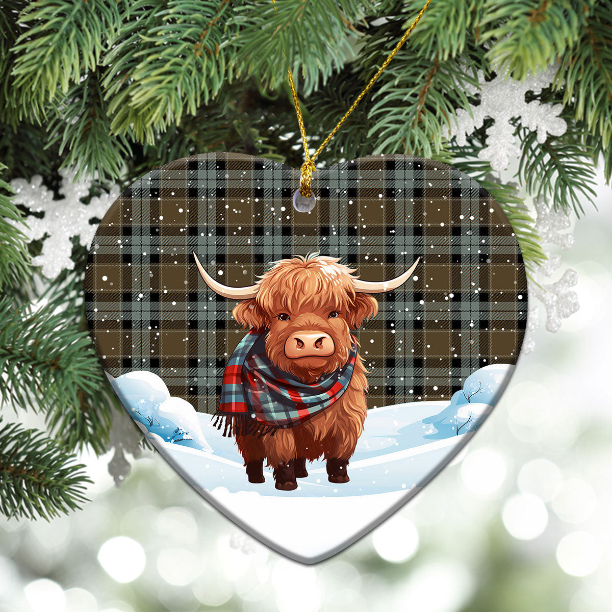 Graham of Menteith Weathered Tartan Christmas Ceramic Ornament - Highland Cows Snow Style