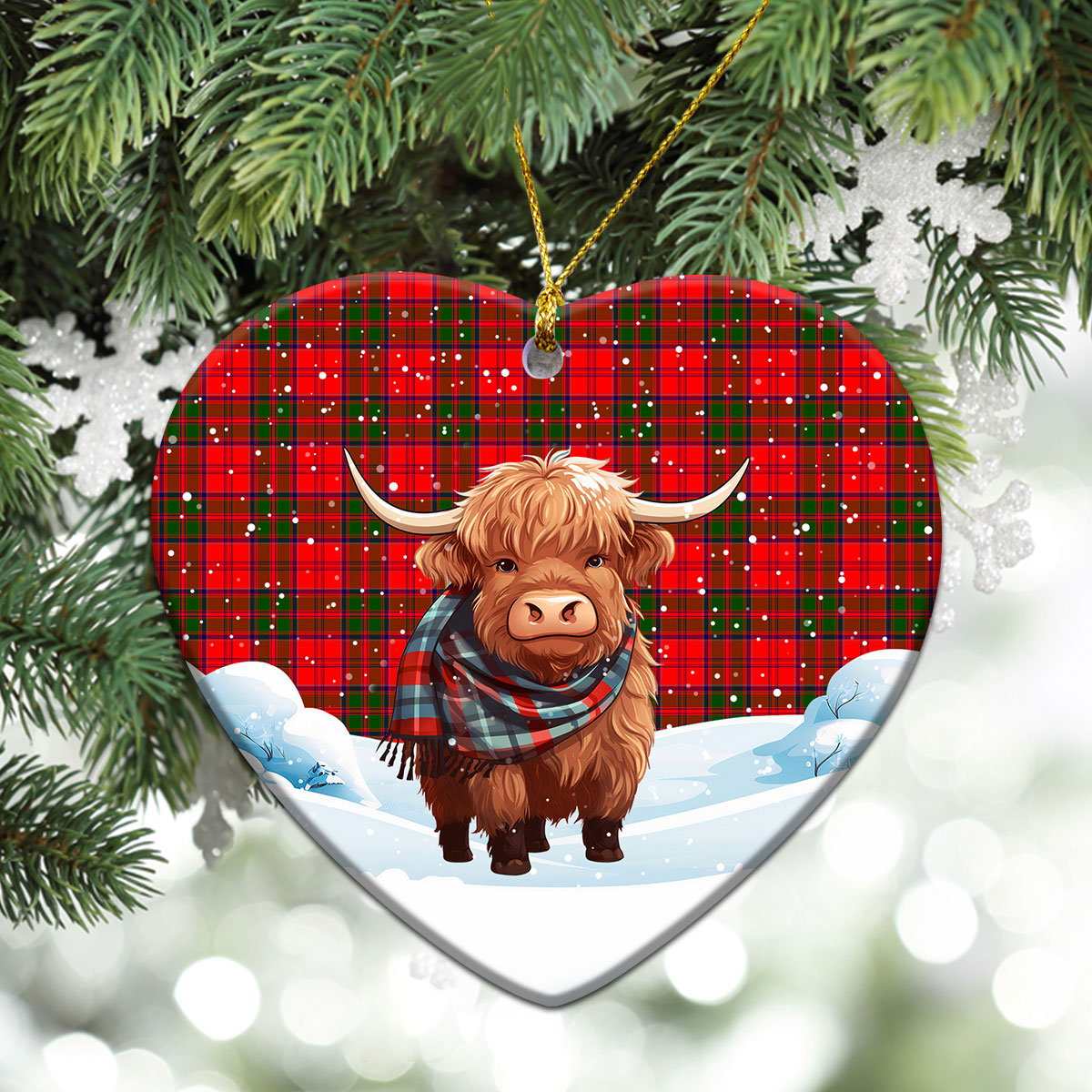 Grant Modern Tartan Christmas Ceramic Ornament - Highland Cows Snow Style