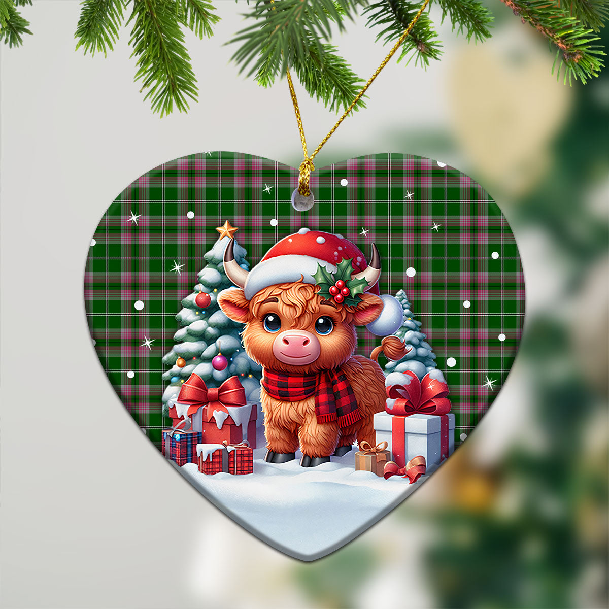 Gray Hunting Tartan Christmas Ceramic Ornament - Highland Cow Winter Style