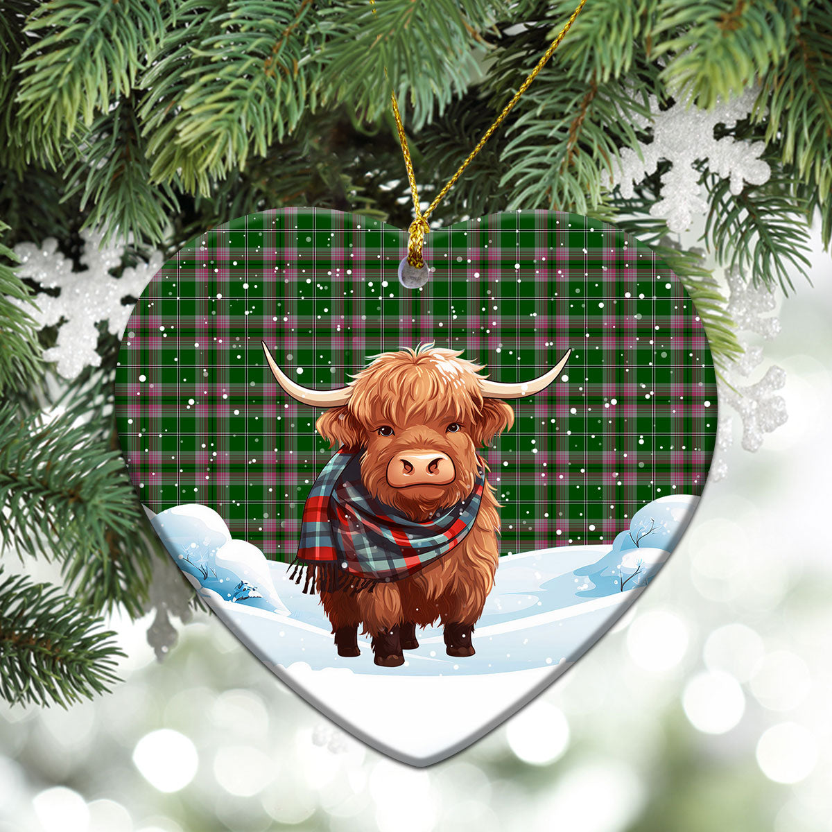 Gray Hunting Tartan Christmas Ceramic Ornament - Highland Cows Snow Style