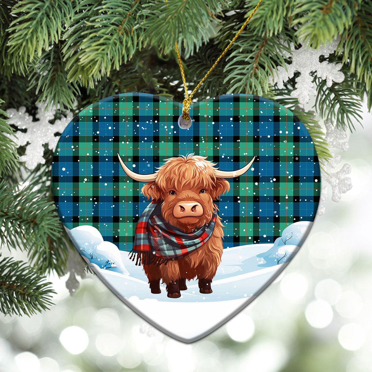 Gunn Ancient Tartan Christmas Ceramic Ornament - Highland Cows Snow Style