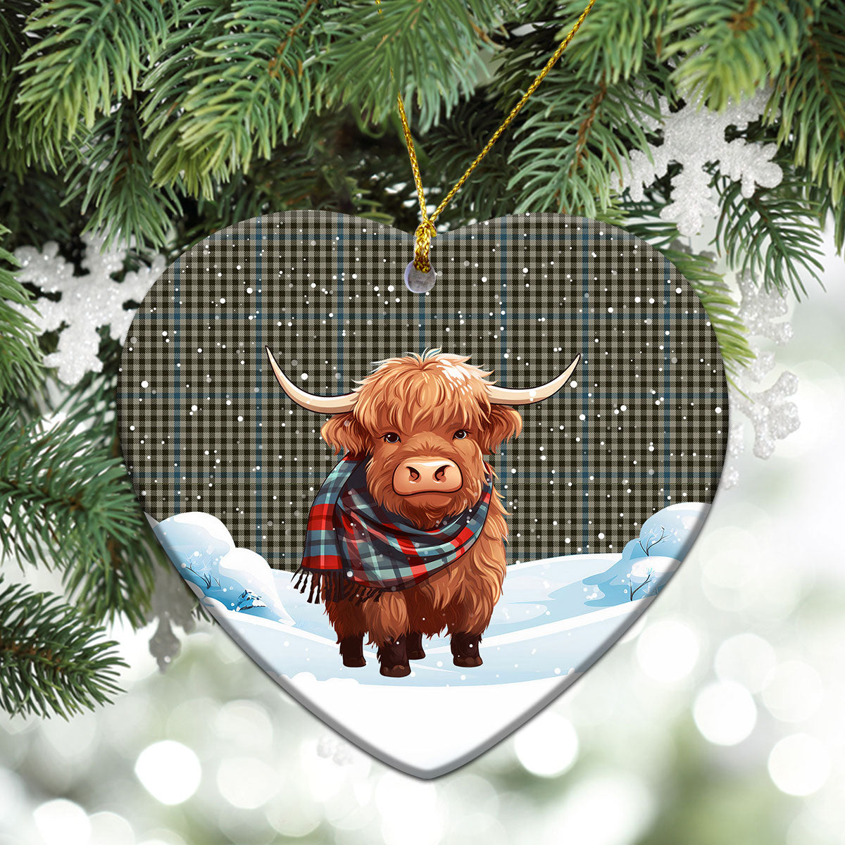 Haig Check Tartan Christmas Ceramic Ornament - Highland Cows Snow Style