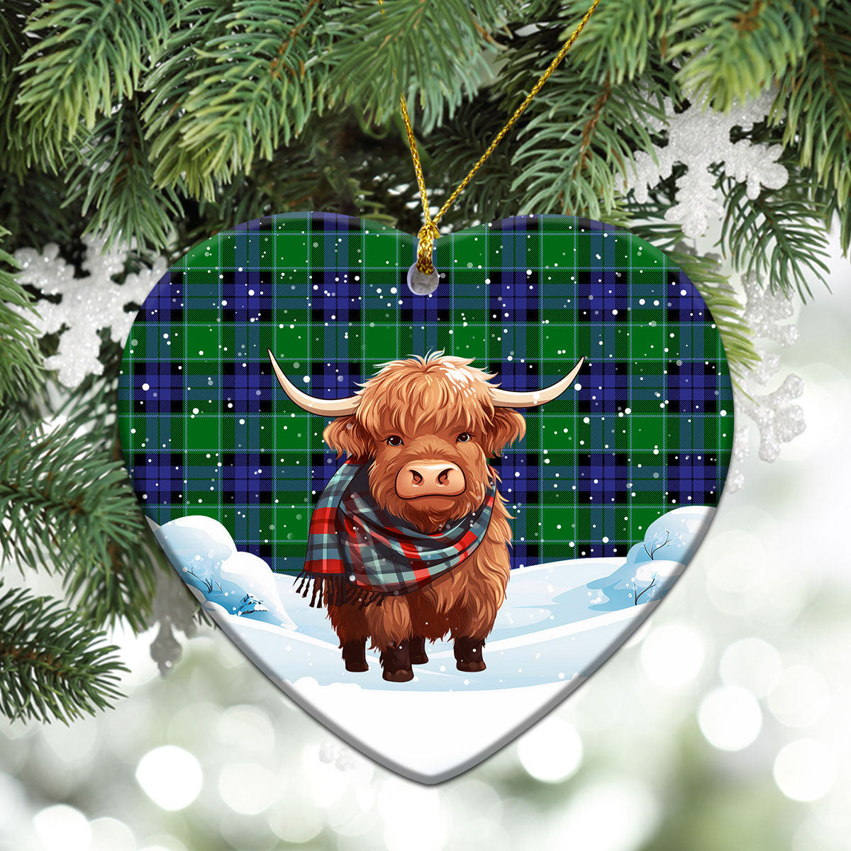 Haldane Tartan Christmas Ceramic Ornament - Highland Cows Snow Style