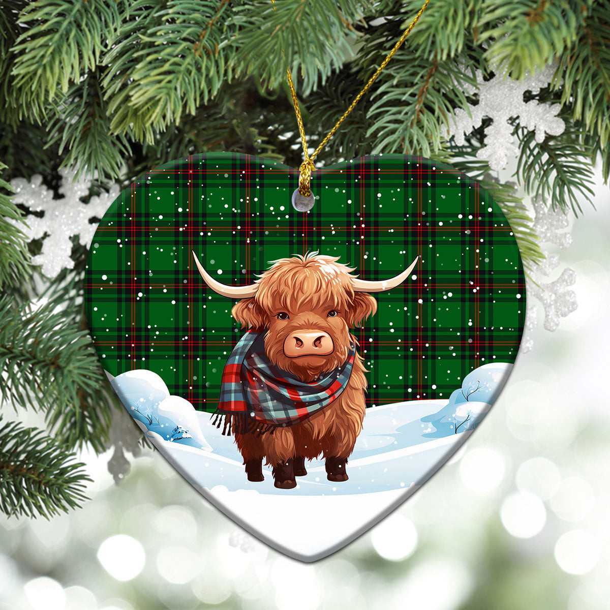 Halkerston Tartan Christmas Ceramic Ornament - Highland Cows Snow Style