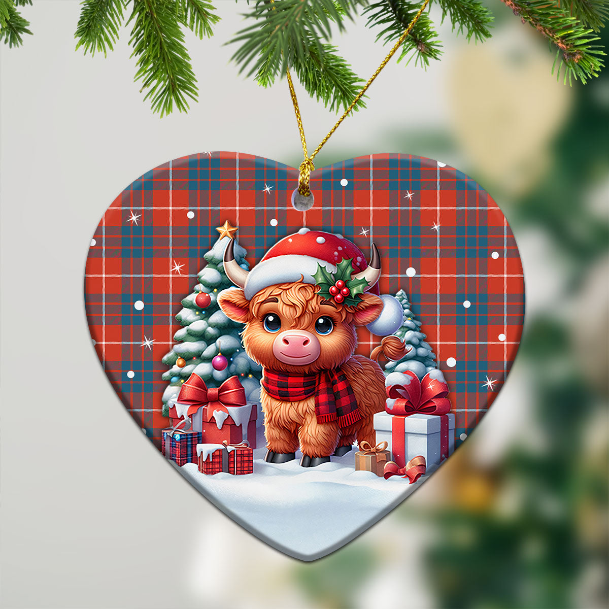 Hamilton Ancient Tartan Christmas Ceramic Ornament - Highland Cow Winter Style