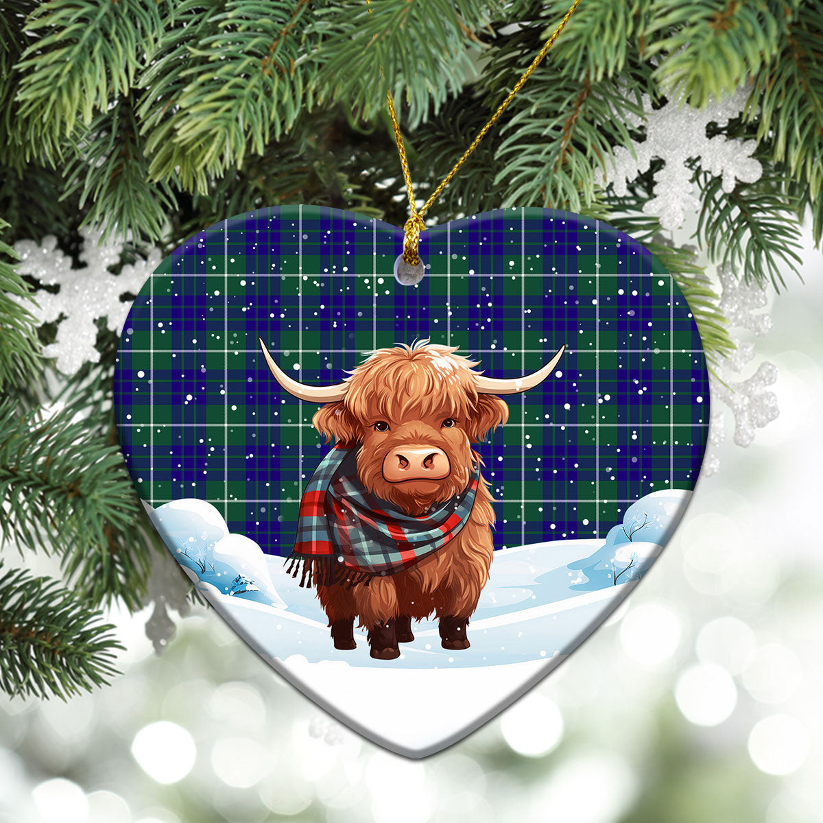 Hamilton Hunting Modern Tartan Christmas Ceramic Ornament - Highland Cows Snow Style