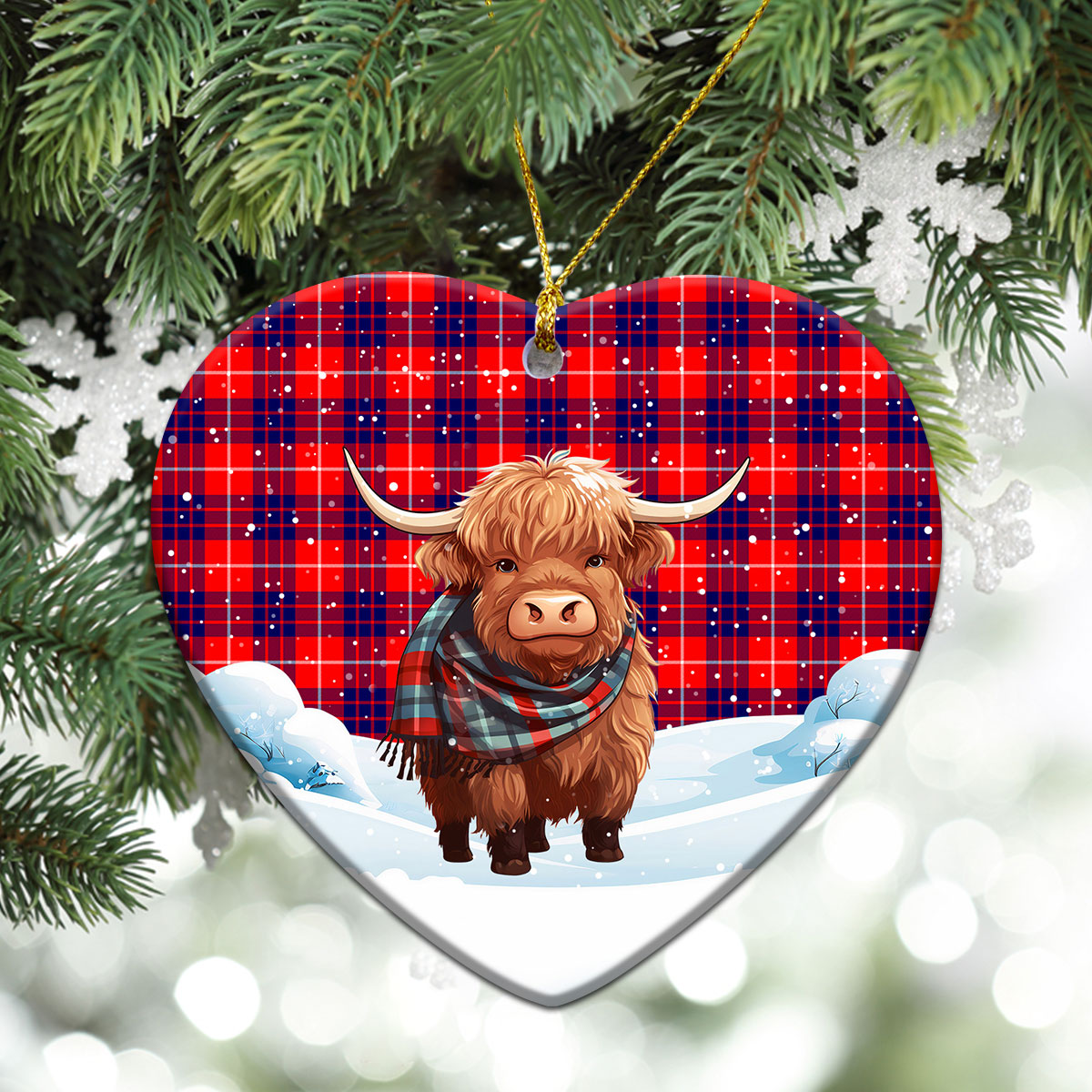 Hamilton Modern Tartan Christmas Ceramic Ornament - Highland Cows Snow Style