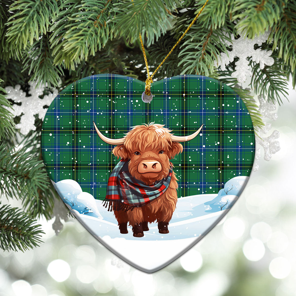 Henderson Ancient Tartan Christmas Ceramic Ornament - Highland Cows Snow Style