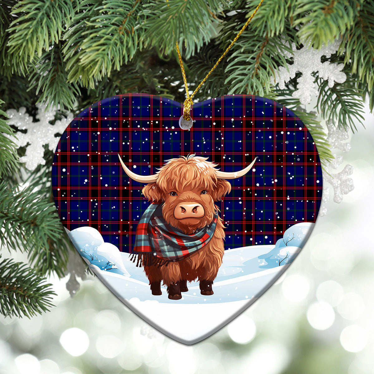 Home Modern Tartan Christmas Ceramic Ornament - Highland Cows Snow Style