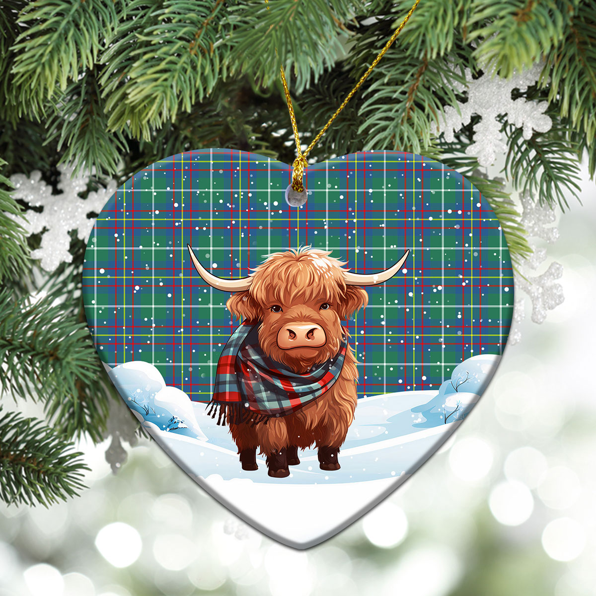 Inglis Ancient Tartan Christmas Ceramic Ornament - Highland Cows Snow Style