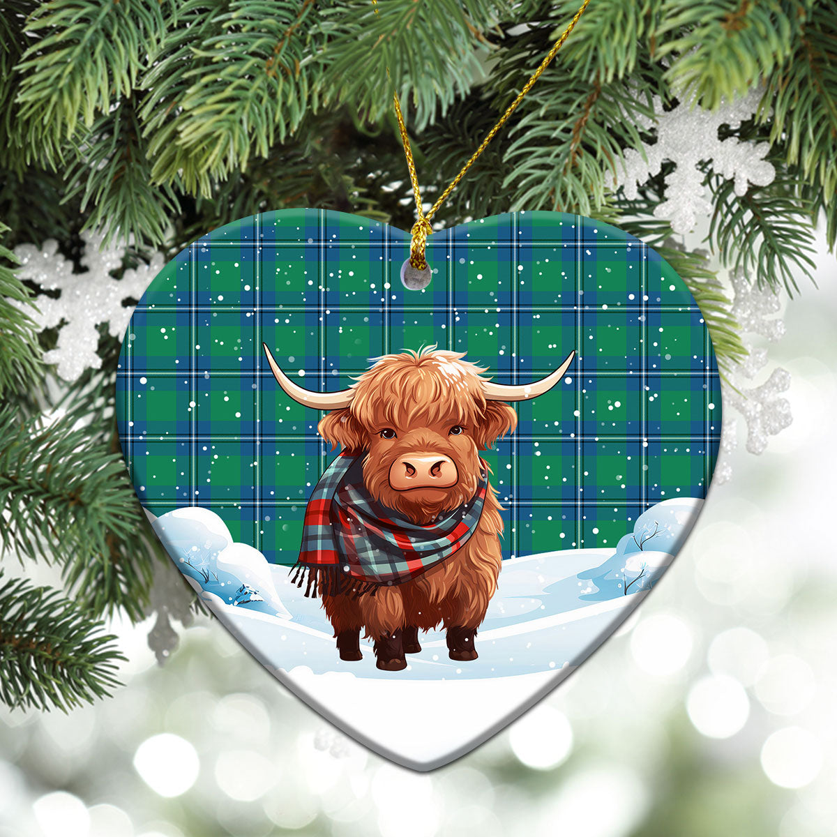 Irvine Ancient Tartan Christmas Ceramic Ornament - Highland Cows Snow Style