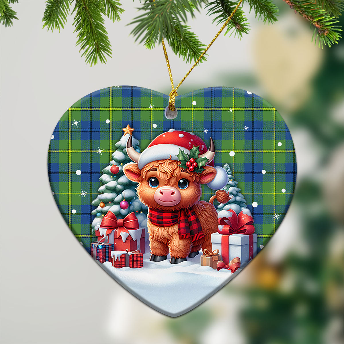 Johnston Ancient Tartan Christmas Ceramic Ornament - Highland Cow Winter Style