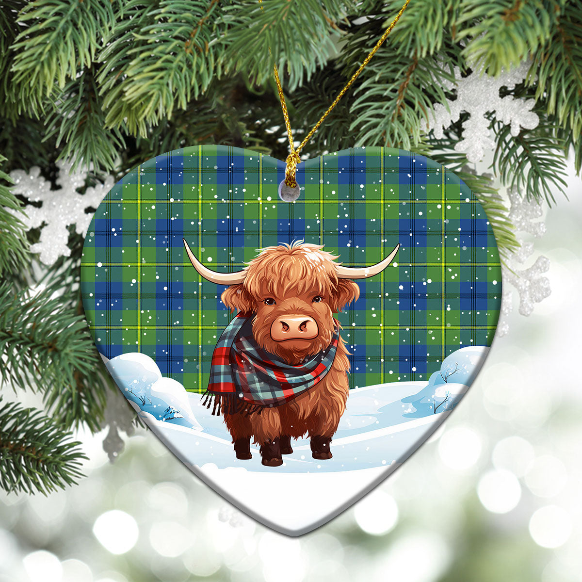 Johnstone Ancient Tartan Christmas Ceramic Ornament - Highland Cows Snow Style