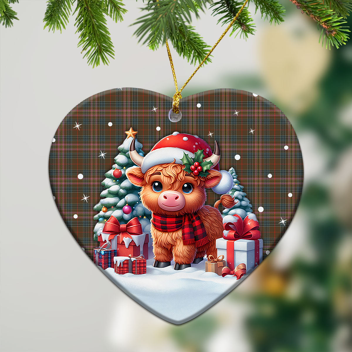 Kennedy Weathered Tartan Christmas Ceramic Ornament - Highland Cow Winter Style