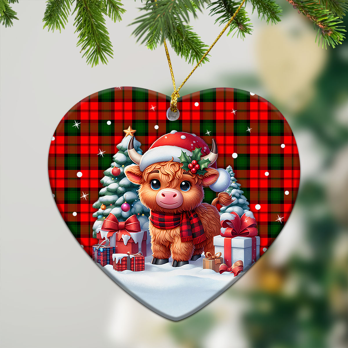 Kerr Modern Tartan Christmas Ceramic Ornament - Highland Cow Winter Style