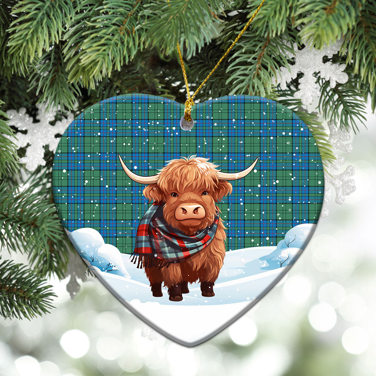 Lockhart Tartan Christmas Ceramic Ornament - Highland Cows Snow Style