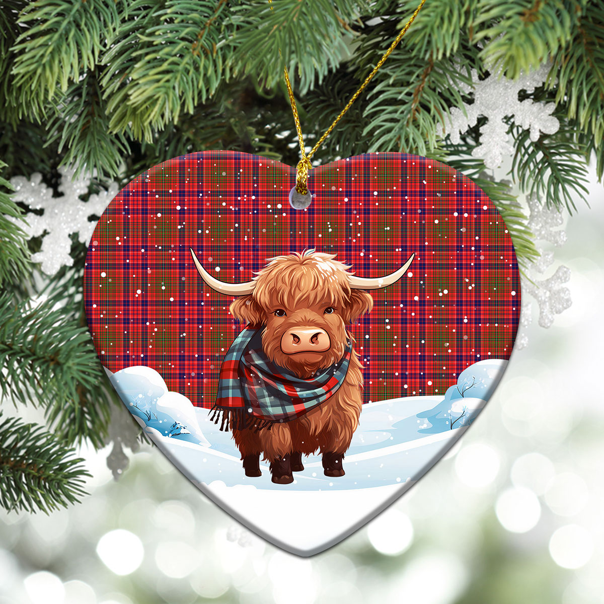 Lumsden Modern Tartan Christmas Ceramic Ornament - Highland Cows Snow Style