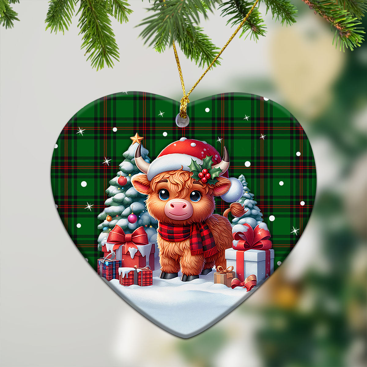 Lundin Tartan Christmas Ceramic Ornament - Highland Cow Winter Style