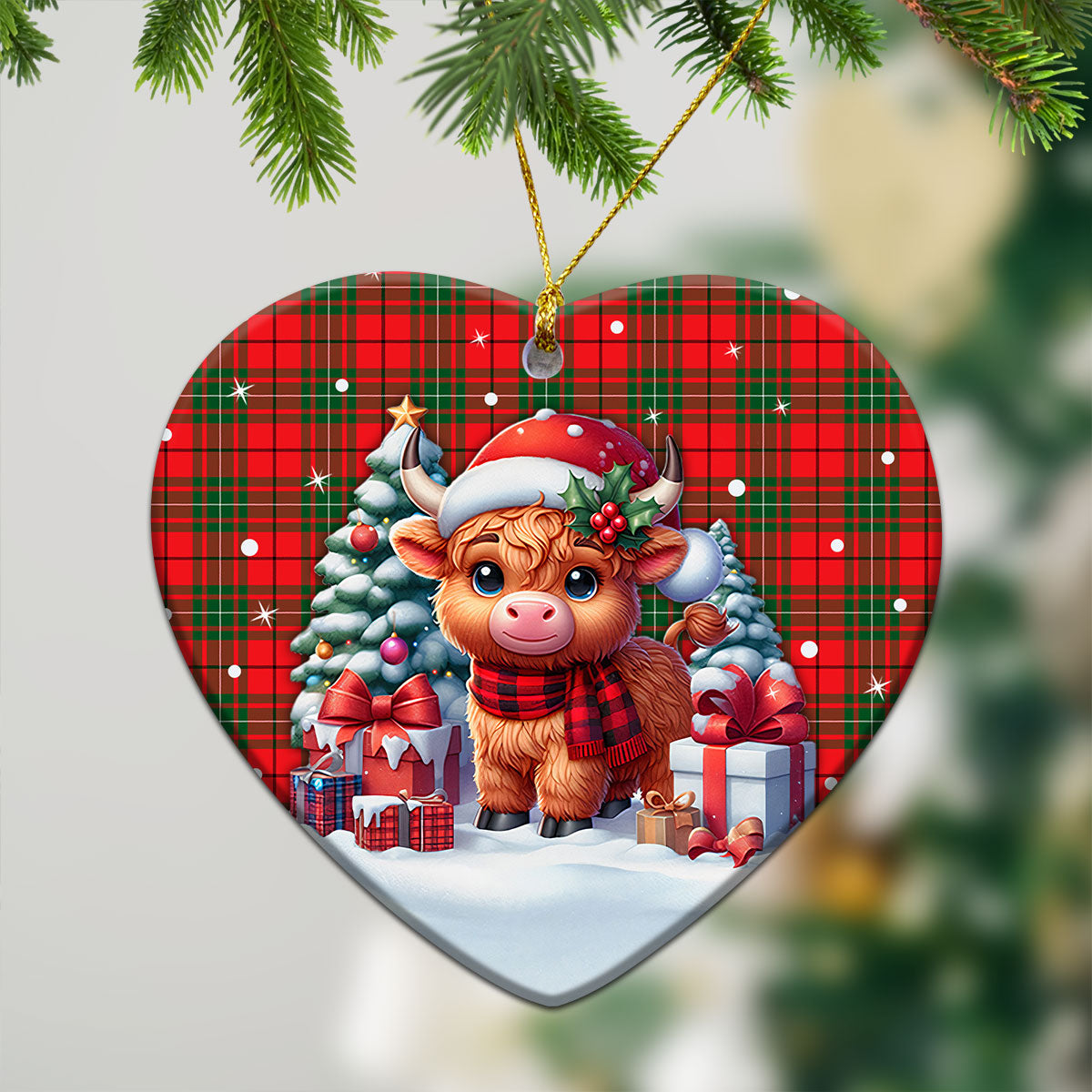 MacAuley Modern Tartan Christmas Ceramic Ornament - Highland Cow Winter Style